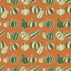 wallpaper of different kinds of pumpkins on an orange background for autumn