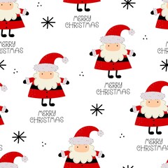 holiday seamless pattern with Cartoon Santa Claus, hand drawing lettering, decorative elements. Merry Christmas. Colorful vector, flat style. design for fabric, print, wrapper