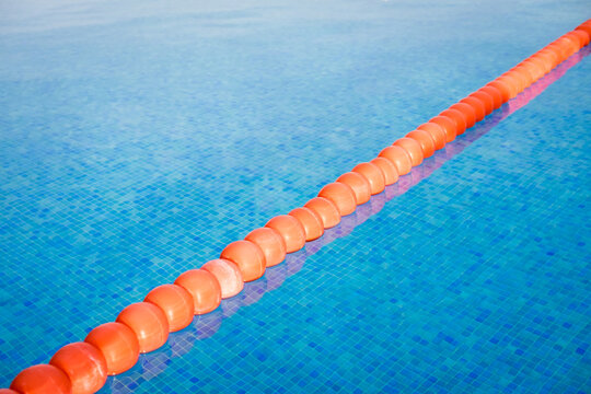 Bright orange safety floats on a bright blue swimming pool