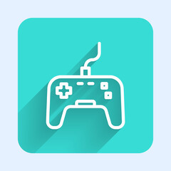 White line Gamepad icon isolated with long shadow. Game controller. Green square button. Vector.