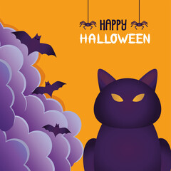 halloween cat black and bats flying scene