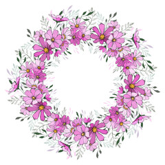 Floral wreath. Round frame with pink cosmos flower and green leaves. Hand drawn. Design for greeting card, wedding invitation. Vector.