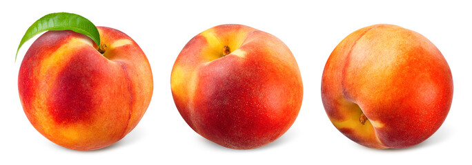 Peach isolated. Peaches with leaf. Peach set on white background. Peaches with clipping path.