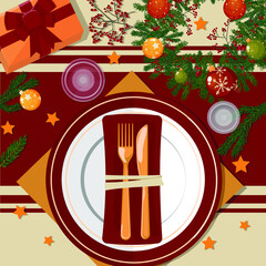 Christmas table setting. Plates, 
 golden cutlery, napkins, glasses, decorations, gifts and decor. Branches of a Christmas tree and berries. Vector illustration. Top view