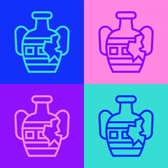 Fototapeta premium Pop art line Broken ancient amphorae icon isolated on color background. Vector.