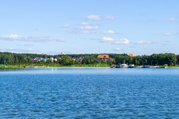 Beautiful blue shore of the city lake