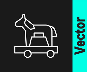 White line Trojan horse icon isolated on black background. Vector.