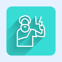 White line Zeus icon isolated with long shadow. Greek god. God of Lightning. Green square button. Vector.