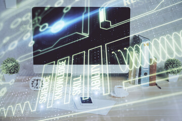 Desktop computer background and education theme drawing. Double exposure. Study concept.