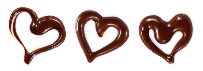 Chocolate sauce isolated. Chocolate heart swirl set on white. Top view. Chocolate syrup heart...