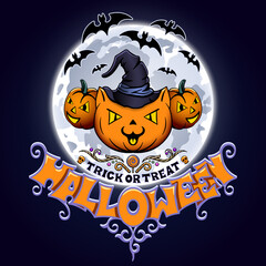 Three pumpkins and bats on the background of the moon. Holiday vector illustration. Poster design.