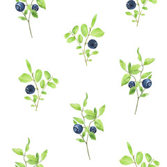 Fototapeta na wymiar Seamless pattern of blueberry with green leaves on white background. Watercolor hand drawing illustration. Perfect for digital paper, wrapping, textile, print, cover. Cute design.