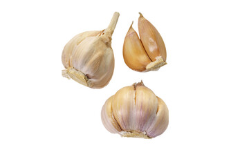 Collection of fresh sliced garlic , isolated on white background