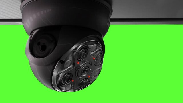 Futuristic security CCTV camera with Motion sensor on green screen. Scan the area for surveillance purposes.
