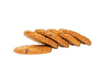 Delicious oatmeal fresh cookies with chocolate stuffing isolated on white background.