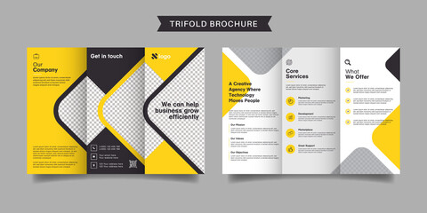 Corporate business trifold brochure template. Modern, Creative and Professional tri fold brochure vector design. Simple and minimalist promotion layout with yellow color.