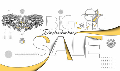 Ravana ten heads with text Happy Dussehra and Big Sale - Abstract Poster Banner Vector Design.