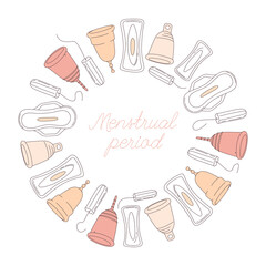 Women hygiene supplies for menstruation: underpants, pads, tampons, menstrual cup
