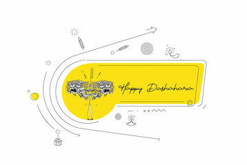 Obraz premium Abstract Rocket firecrackers in a pot with Ravana ten heads with text Happy Dussehra - Poster Banner Vector Design.