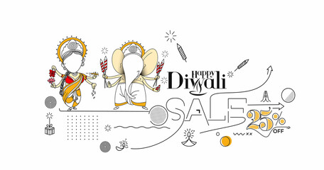 Diwali Hindu festival greeting card, Abstract flat line poster banner with flat 25% sale Vector illustration.