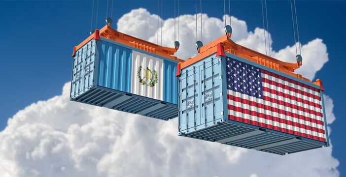Freight containers with Guatemala and USA flag. 3D Rendering 