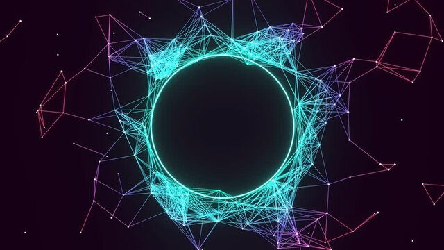 Circular plexus structure revolving and flying outward.  Science or technology background. 3D render.