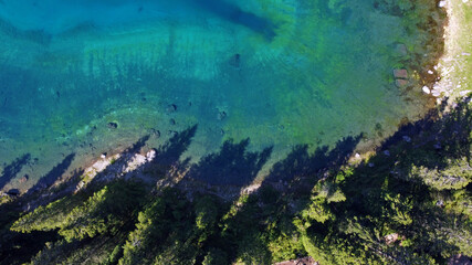 Carezza lake top view, lago di carezza in the dolomites, Bolzano province, South tyrol, Italy