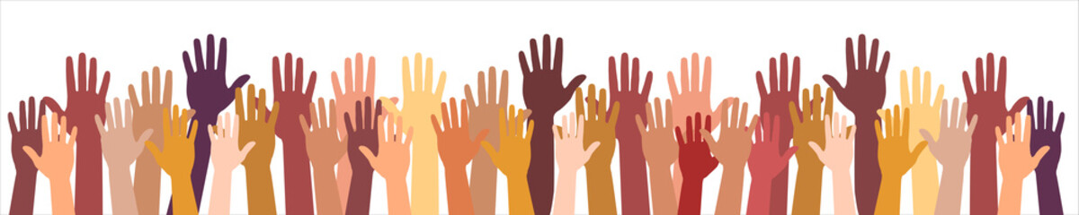 Colored volunteer crowd hands isolated on white background. Raised hand silhouettes, people colorful voting  illustration. Teamwork, collaboration, voting, volunteering concert.