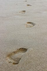 Footprints of people walking on the beach sand.
