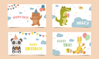Set of Happy birthday card with cute animals soft color, Collection of cute animal in holiday. Bear,Crocodile,Panda,Giraffe. Template for greeting card and post. Vector illustration.
