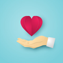 Red Heart on Human hand on blue background. Vector illustration.