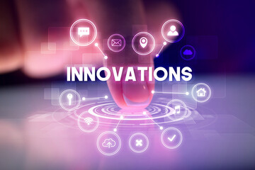 Finger touching tablet with web technology icons and INNOVATIONS inscription, web technology concept