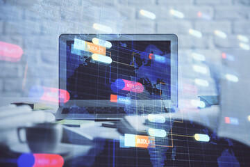 Multi exposure of desktop computer and technology theme hologram. Concept of software development.