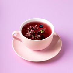 Creative layout made with tea cup filled with fall fruit, dried herbal and berries on pink...