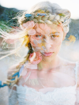 double exposure portrait of blonde bride with braid and flowers