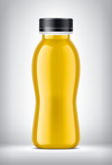 Plastic Bottle on background with Orange Juice. 
