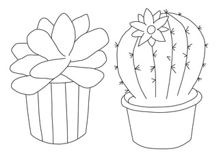 Cute hand drawn outline cactuse in the pots, coloring page for kids