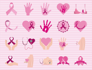 breast cancer awareness month, pack icons support hope healthcare, flat style