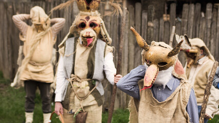 Young people during old slavic festival dressed like forest spirits