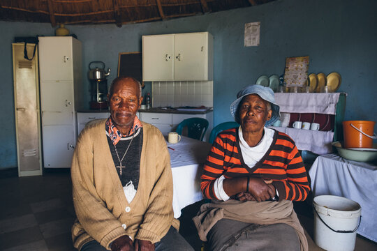 Elderly African Basotho couple in their home