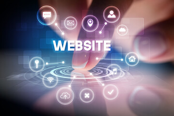 Finger touching tablet with web technology icons and WEBSITE inscription, web technology concept