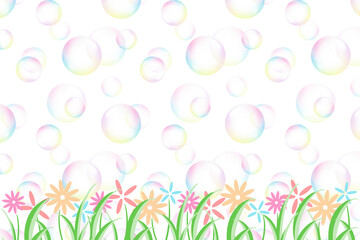 草花のフレーム　長方形　カラフルフラワーとシャボン玉B