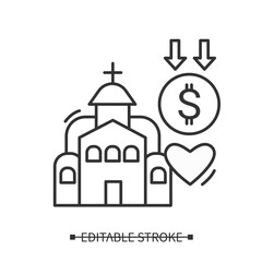 Church donation line icon. Ecclesiastical tithes. Donations for church restoration. Humanitarian assistance. Volunteering and charity concept. Isolated vector illustration. Editable stroke
