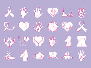 breast cancer awareness month ribbon hand support heart love, flat icons style