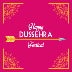 happy dussehra festival poster with letterign and arrow