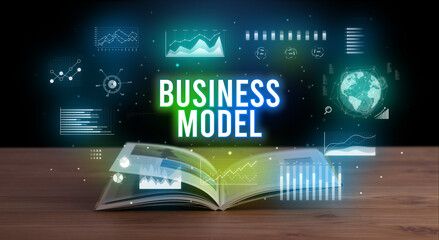BUSINESS MODEL inscription coming out from an open book, creative business concept