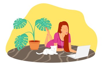 Fototapeta premium Working home, webinar, podcast, online meeting flat vector illustration. Video conferencing, teleworking, social distancing, business discussion, studying. Girl with laptop listening to a podcast