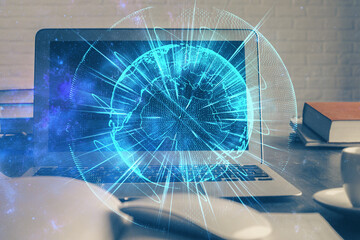 Multi exposure of business theme icons and table with computer background. Concept of success.