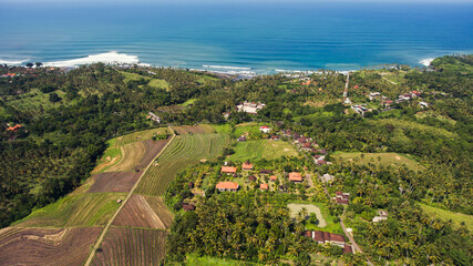 Amazing scenery of field and village near ocean