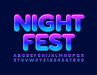 Vector event poster Night Fest. Bright colorful Font. Creative glossy Alphabet Letters and Numbers set